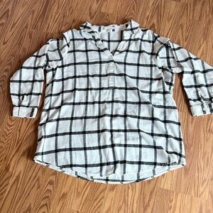 Woman Within Women’s White & Black Plaid Pullover Collared Light Flannel Shirt